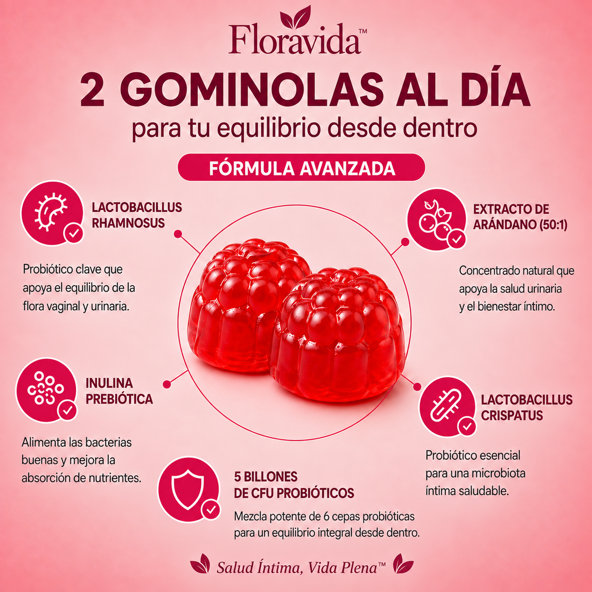 Floravida™ — Bienestar íntimo femenino · Probióticos + Cranberry