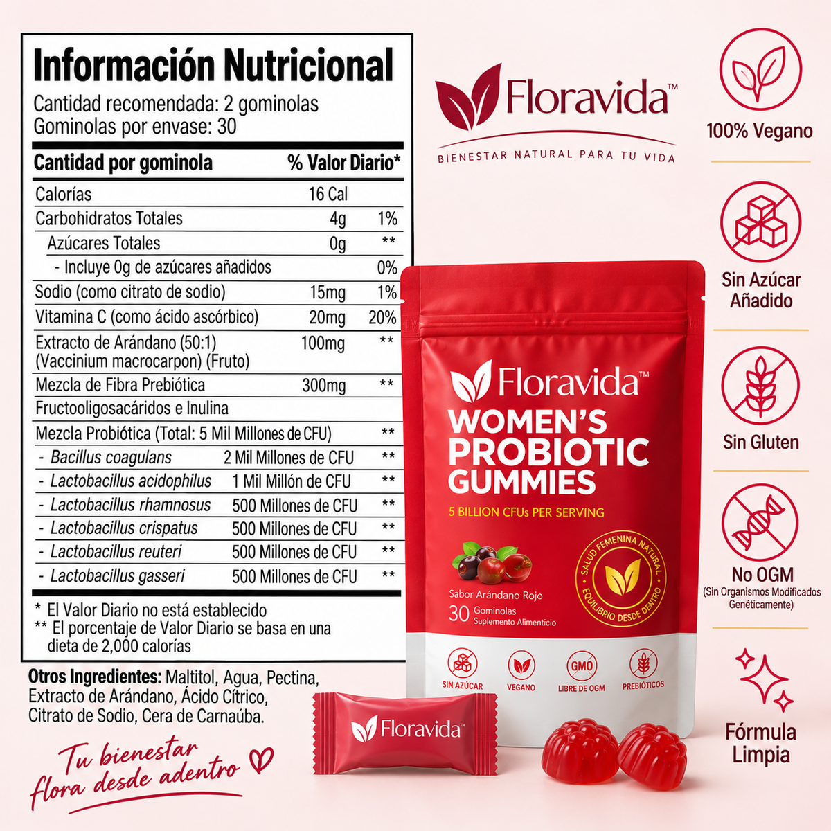 Floravida™ — Bienestar íntimo femenino · Probióticos + Cranberry