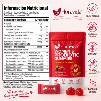 Floravida™ — Bienestar íntimo femenino · Probióticos + Cranberry
