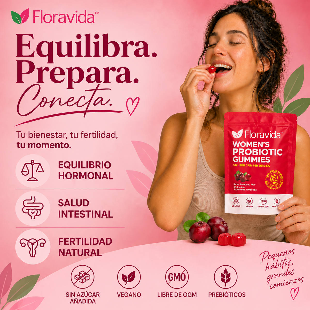 Floravida™ — Bienestar íntimo femenino · Probióticos + Cranberry