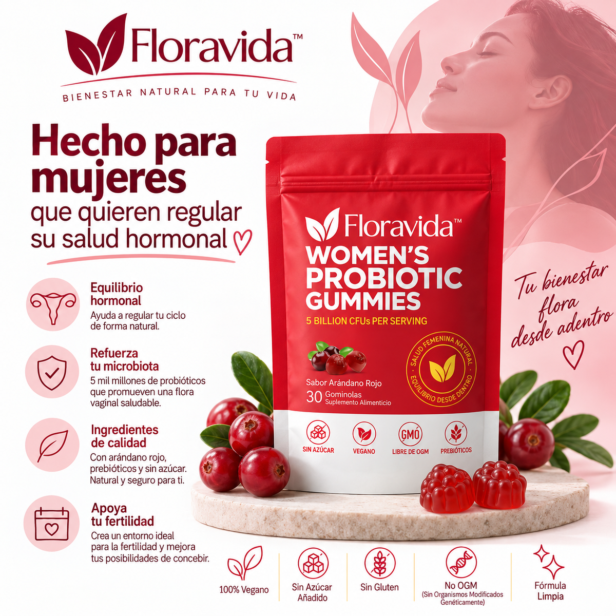 Floravida™ — Bienestar íntimo femenino · Probióticos + Cranberry